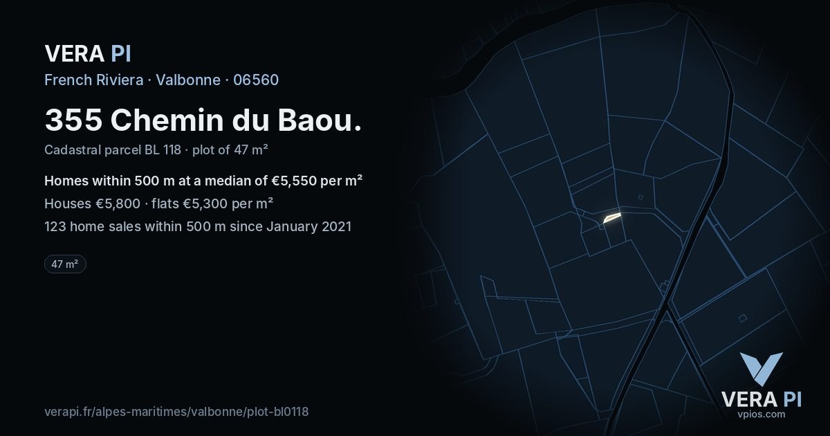 355 Chemin du Baou, Valbonne at night – the plot lit, the parcels around coloured by the prices near them
