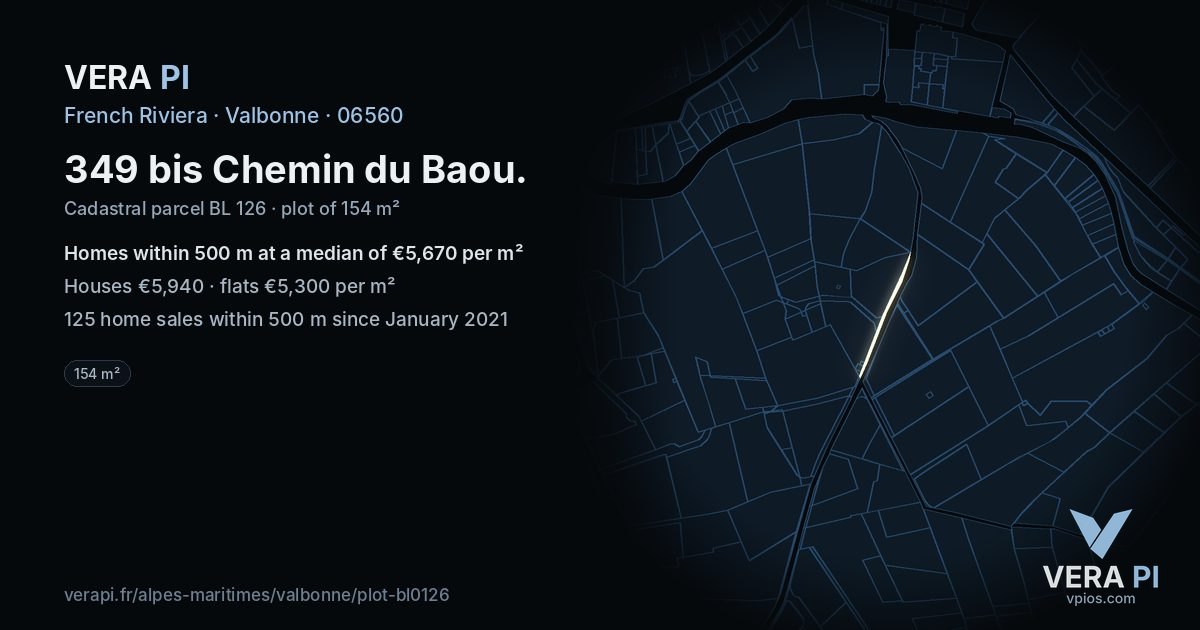 349 bis Chemin du Baou, Valbonne at night – the plot lit, the parcels around coloured by the prices near them