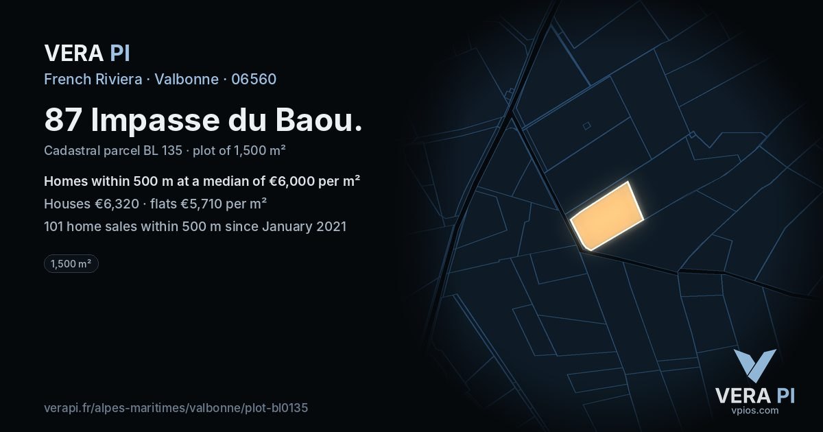 87 Impasse du Baou, Valbonne at night – the plot lit, the parcels around coloured by the prices near them