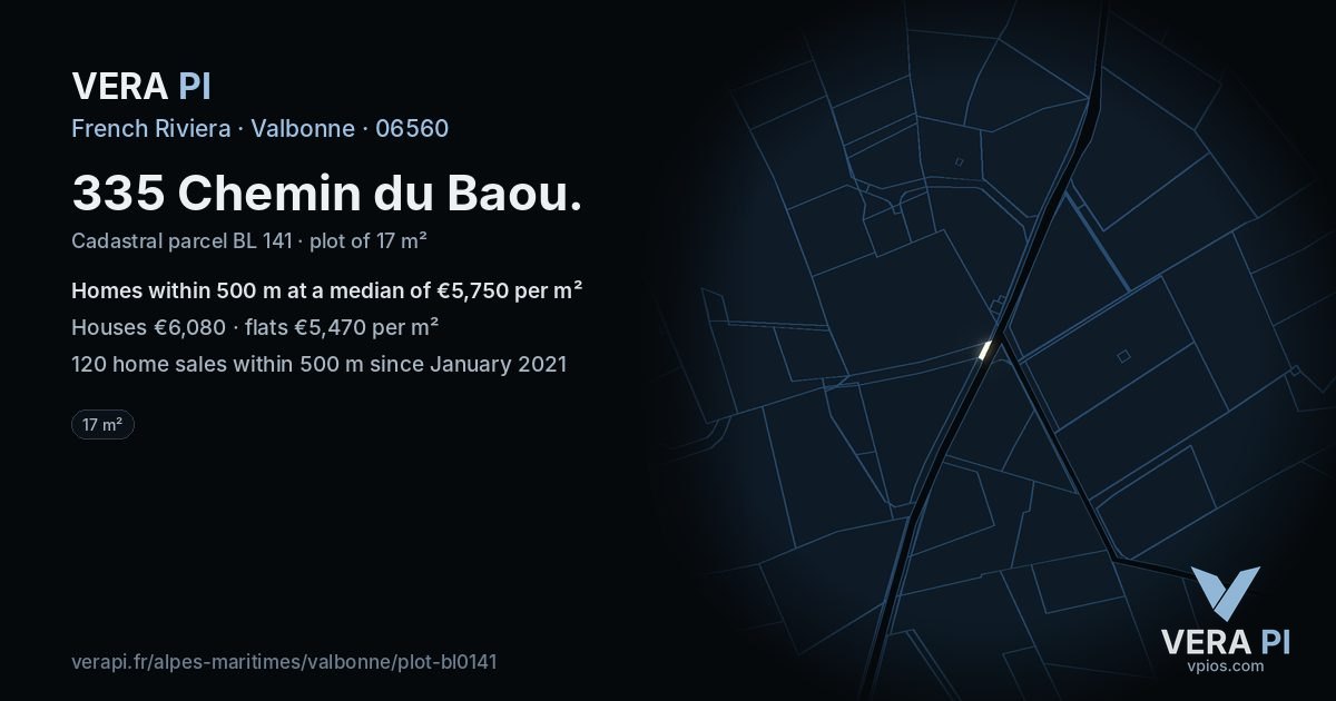 335 Chemin du Baou, Valbonne at night – the plot lit, the parcels around coloured by the prices near them