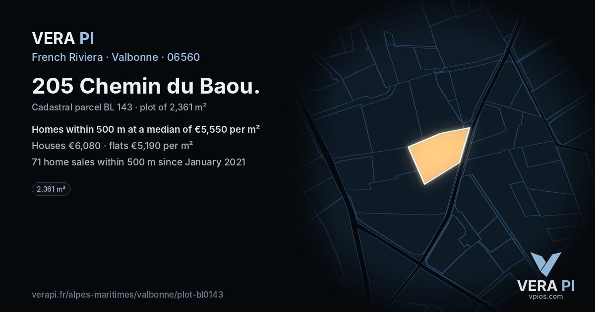 205 Chemin du Baou, Valbonne at night – the plot lit, the parcels around coloured by the prices near them