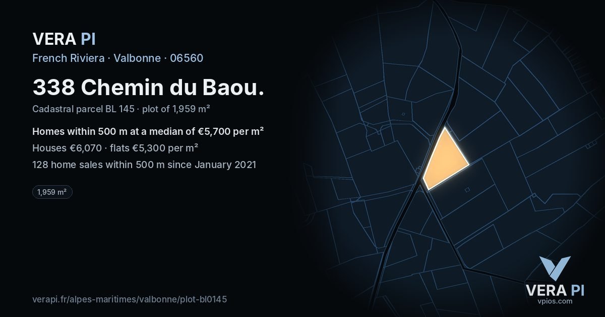 338 Chemin du Baou, Valbonne at night – the plot lit, the parcels around coloured by the prices near them