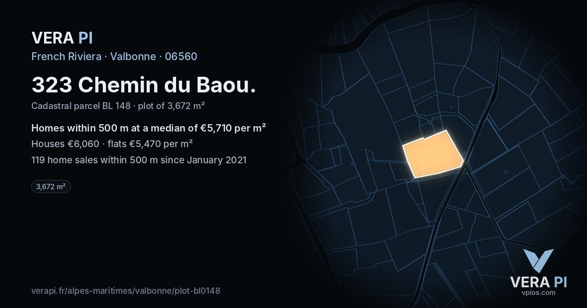 323 Chemin du Baou, Valbonne at night – the plot lit, the parcels around coloured by the prices near them