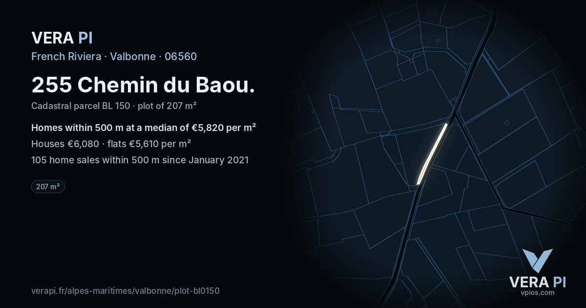 255 Chemin du Baou, Valbonne at night – the plot lit, the parcels around coloured by the prices near them