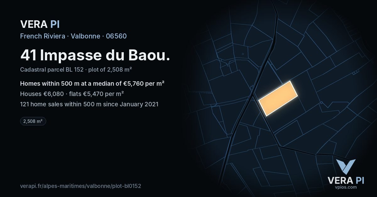 41 Impasse du Baou, Valbonne at night – the plot lit, the parcels around coloured by the prices near them