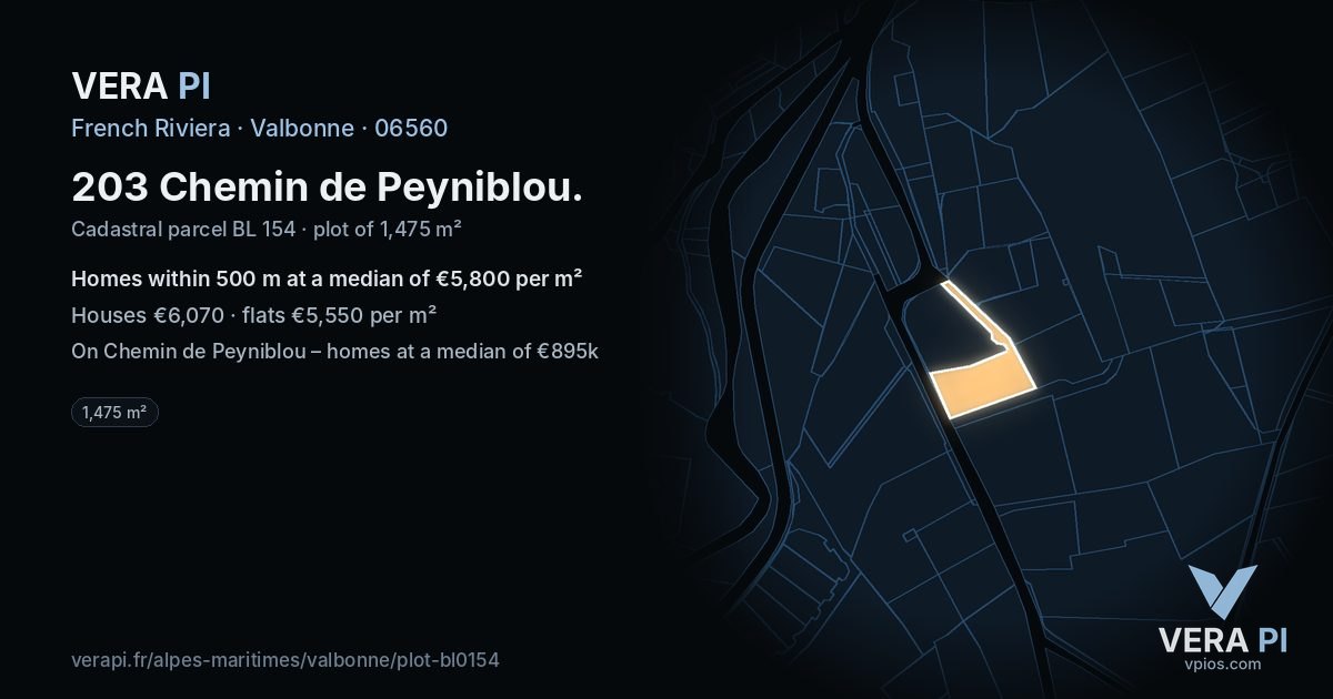 203 Chemin de Peyniblou, Valbonne at night – the plot lit, the parcels around coloured by the prices near them