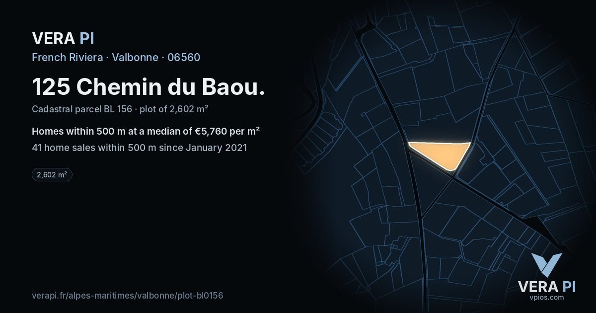 125 Chemin du Baou, Valbonne at night – the plot lit, the parcels around coloured by the prices near them