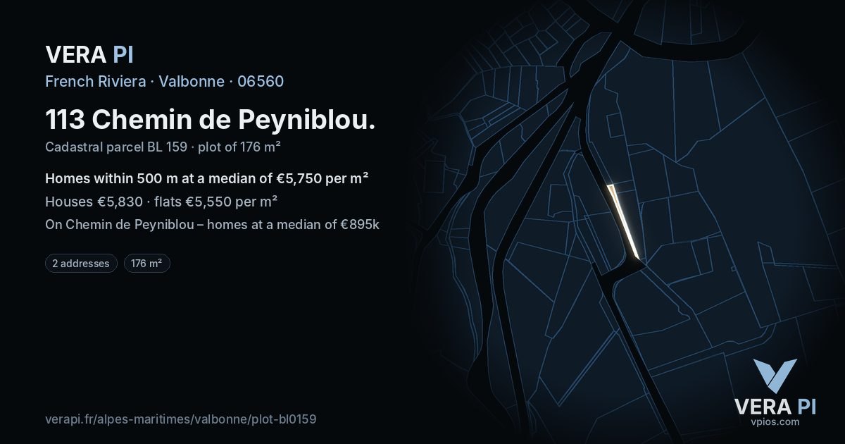 113 Chemin de Peyniblou, Valbonne at night – the plot lit, the parcels around coloured by the prices near them