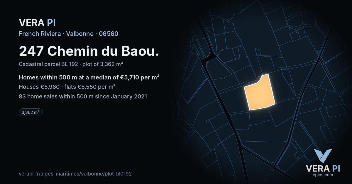 247 Chemin du Baou, Valbonne at night – the plot lit, the parcels around coloured by the prices near them