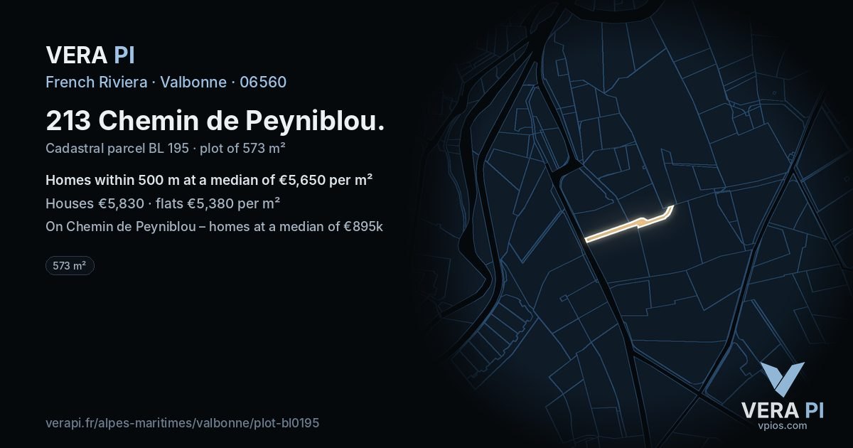 213 Chemin de Peyniblou, Valbonne at night – the plot lit, the parcels around coloured by the prices near them
