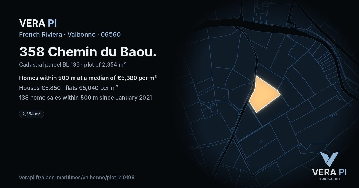 358 Chemin du Baou, Valbonne at night – the plot lit, the parcels around coloured by the prices near them