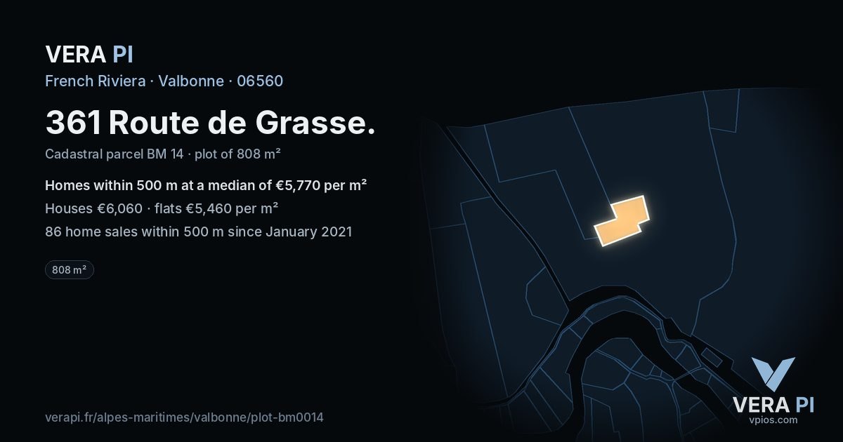 361 Route de Grasse, Valbonne at night – the plot lit, the parcels around coloured by the prices near them