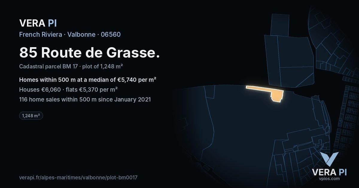 85 Route de Grasse, Valbonne at night – the plot lit, the parcels around coloured by the prices near them
