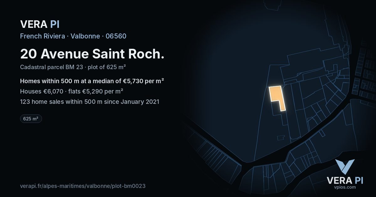 20 Avenue Saint Roch, Valbonne at night – the plot lit, the parcels around coloured by the prices near them
