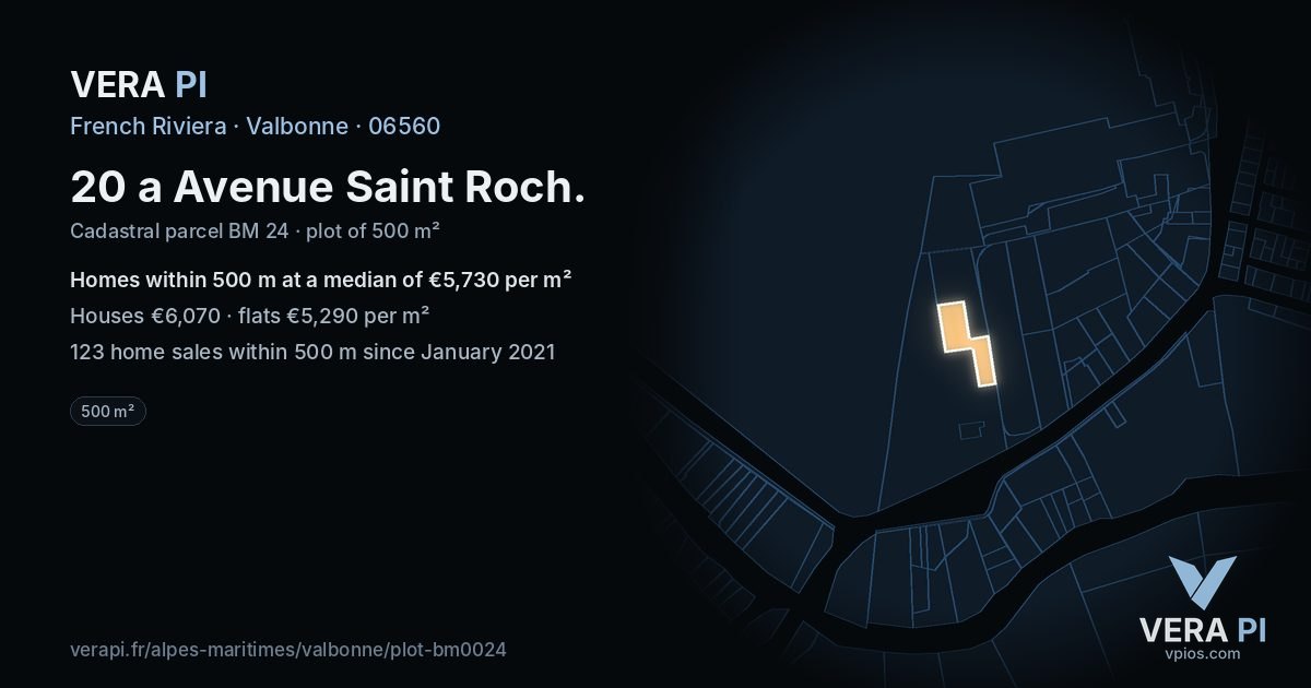 20 a Avenue Saint Roch, Valbonne at night – the plot lit, the parcels around coloured by the prices near them