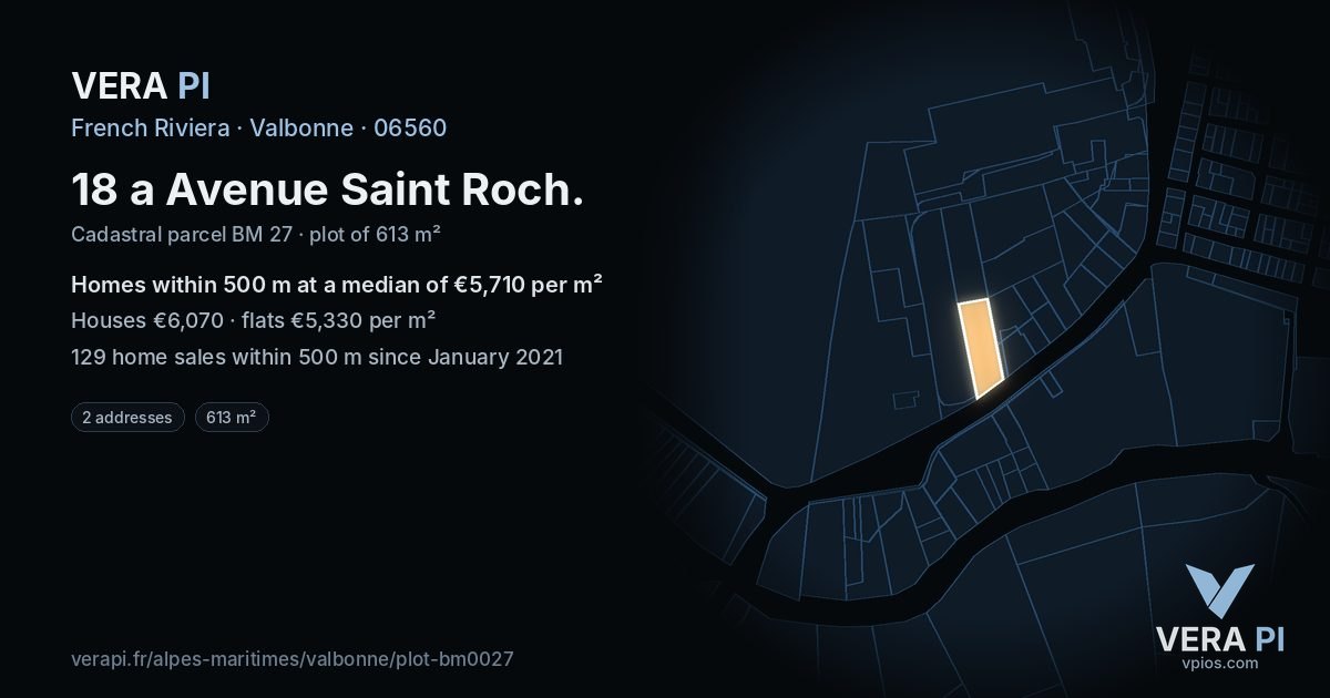 18 a Avenue Saint Roch, Valbonne at night – the plot lit, the parcels around coloured by the prices near them
