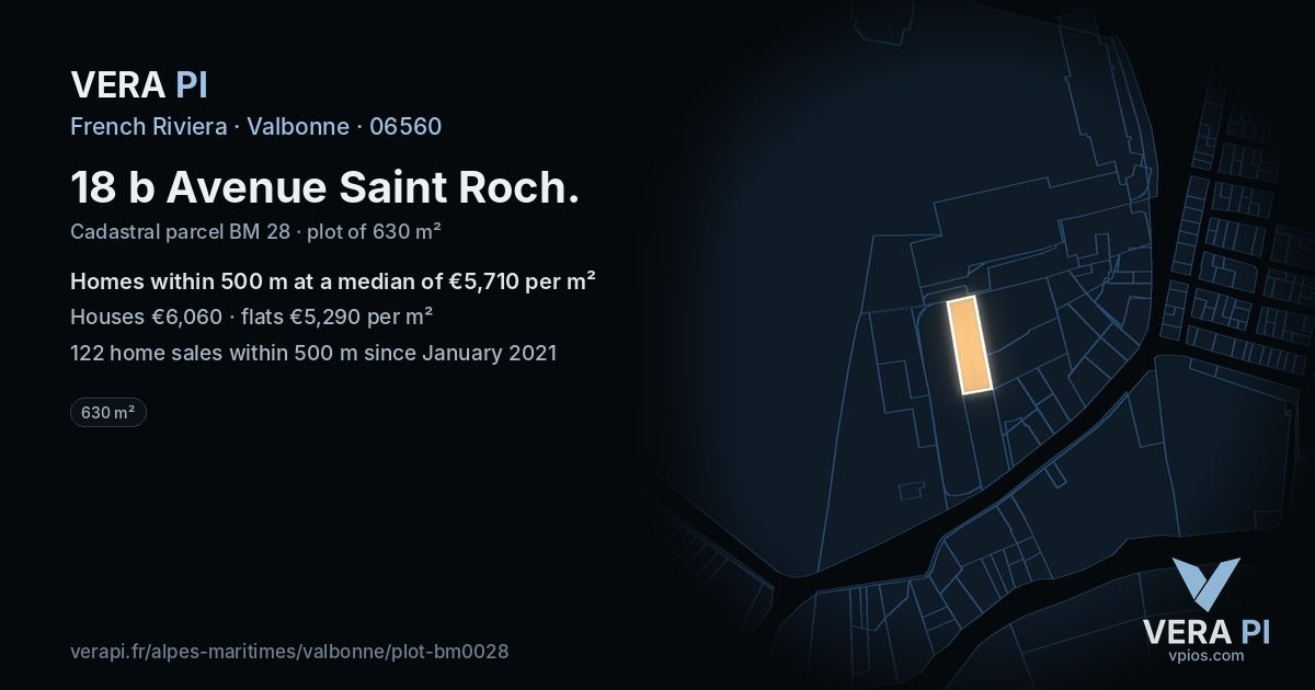 18 b Avenue Saint Roch, Valbonne at night – the plot lit, the parcels around coloured by the prices near them