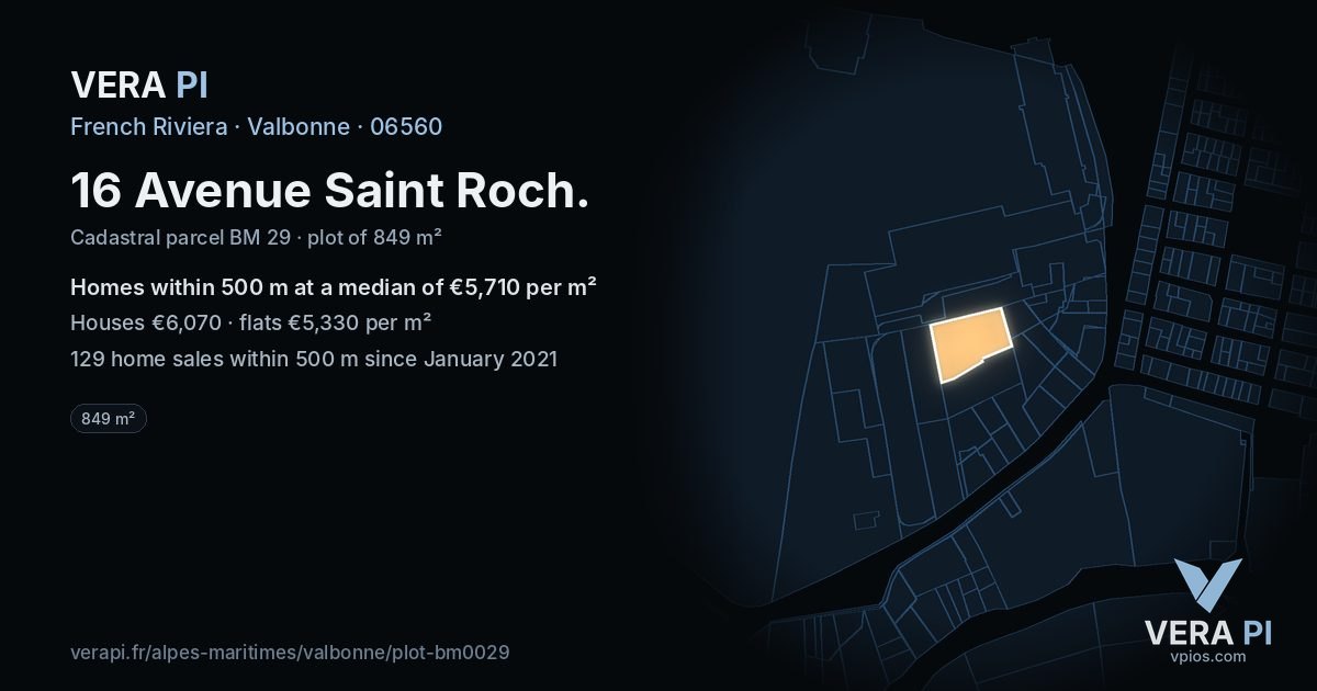 16 Avenue Saint Roch, Valbonne at night – the plot lit, the parcels around coloured by the prices near them