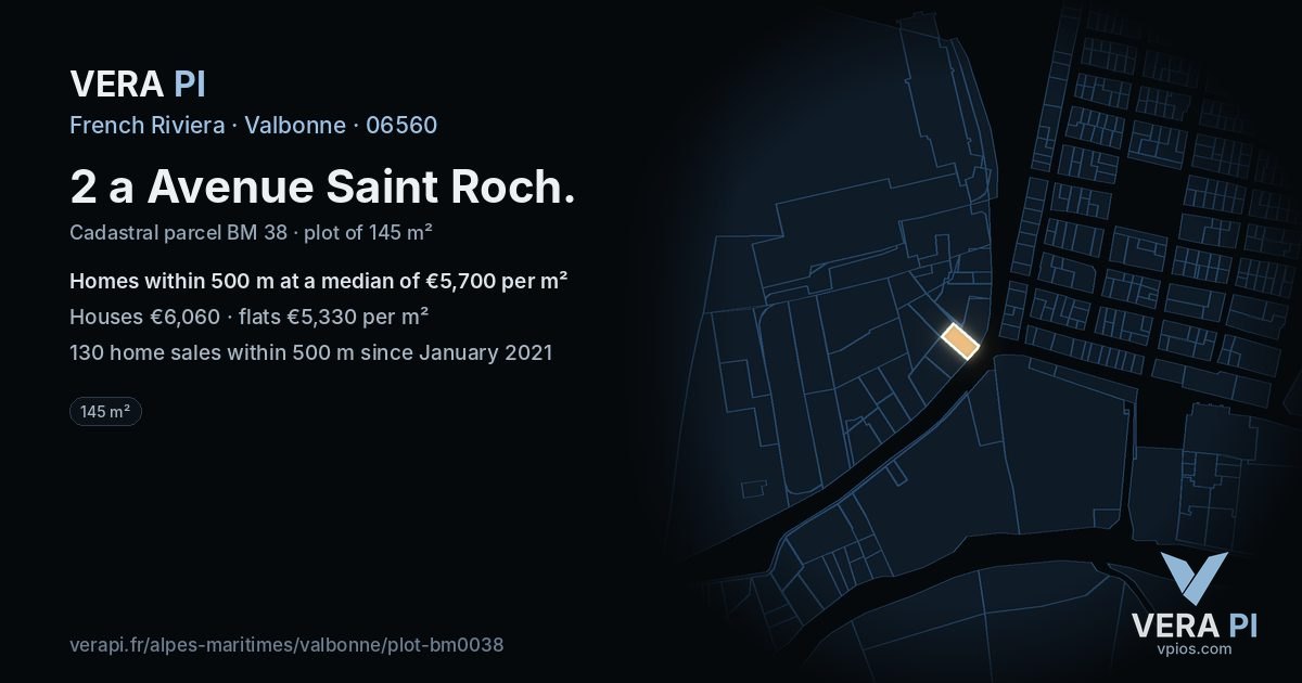 2 a Avenue Saint Roch, Valbonne at night – the plot lit, the parcels around coloured by the prices near them