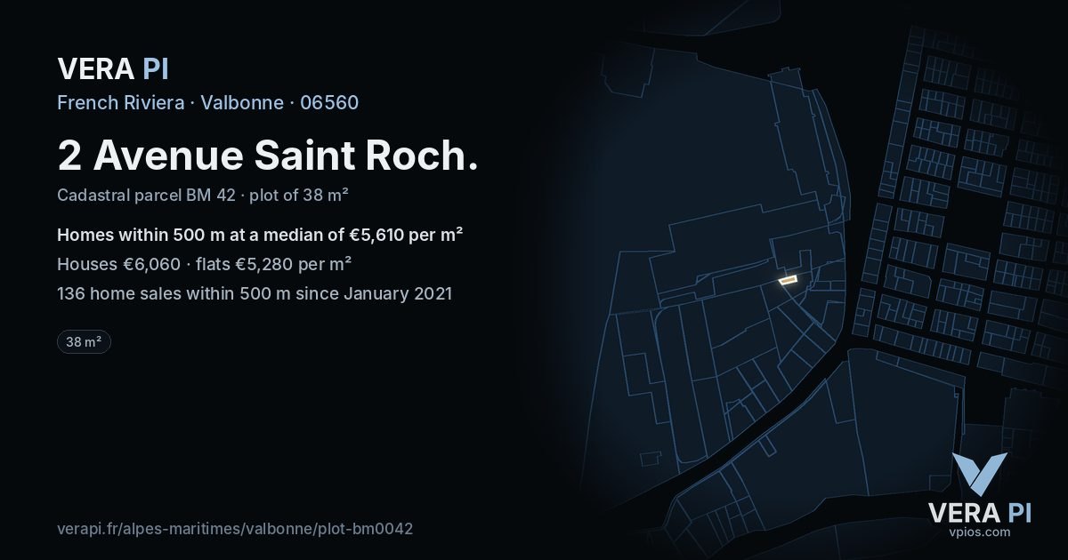 2 Avenue Saint Roch, Valbonne at night – the plot lit, the parcels around coloured by the prices near them