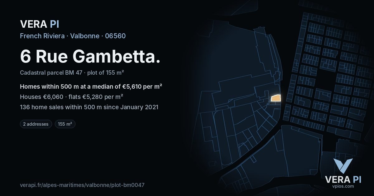 6 Rue Gambetta, Valbonne at night – the plot lit, the parcels around coloured by the prices near them