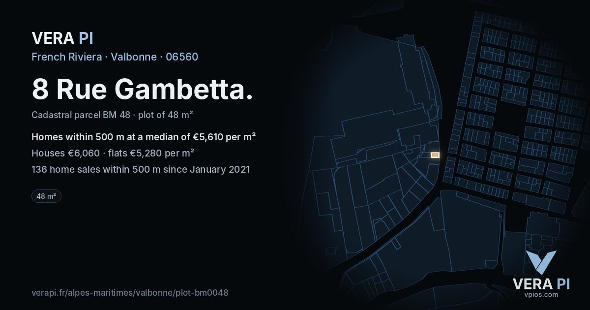 8 Rue Gambetta, Valbonne at night – the plot lit, the parcels around coloured by the prices near them