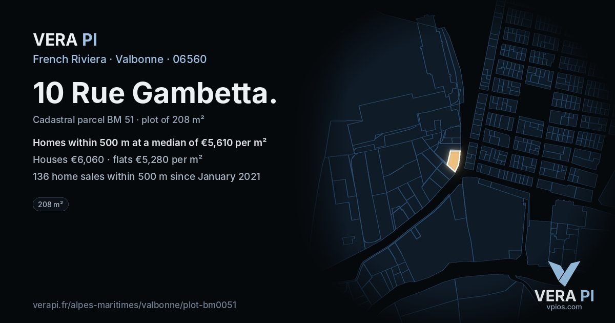 10 Rue Gambetta, Valbonne at night – the plot lit, the parcels around coloured by the prices near them
