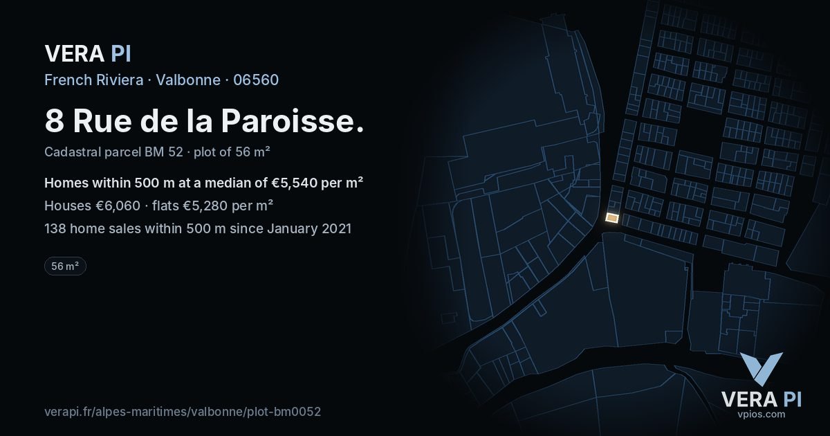 8 Rue de la Paroisse, Valbonne at night – the plot lit, the parcels around coloured by the prices near them