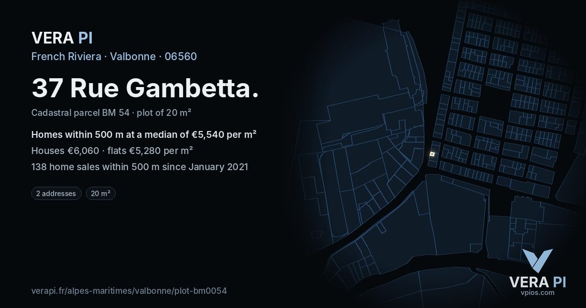 37 Rue Gambetta, Valbonne at night – the plot lit, the parcels around coloured by the prices near them