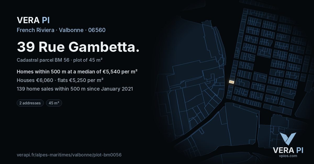 39 Rue Gambetta, Valbonne at night – the plot lit, the parcels around coloured by the prices near them