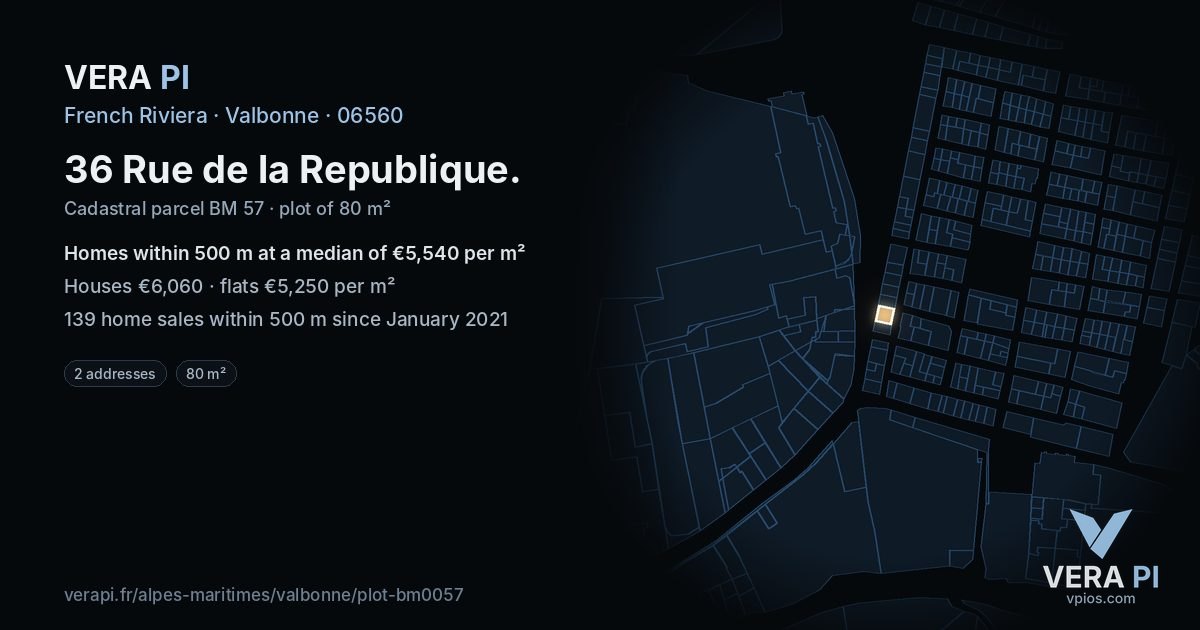 36 Rue de la Republique, Valbonne at night – the plot lit, the parcels around coloured by the prices near them