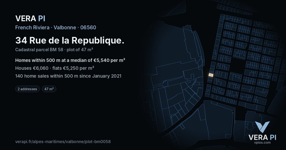 34 Rue de la Republique, Valbonne at night – the plot lit, the parcels around coloured by the prices near them