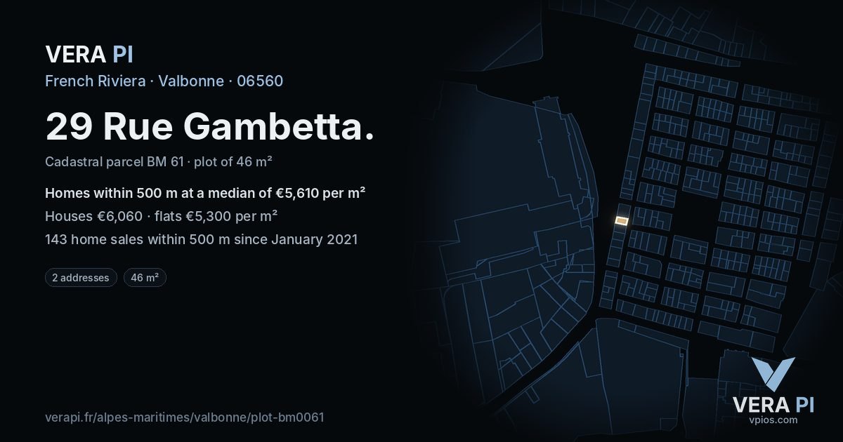 29 Rue Gambetta, Valbonne at night – the plot lit, the parcels around coloured by the prices near them
