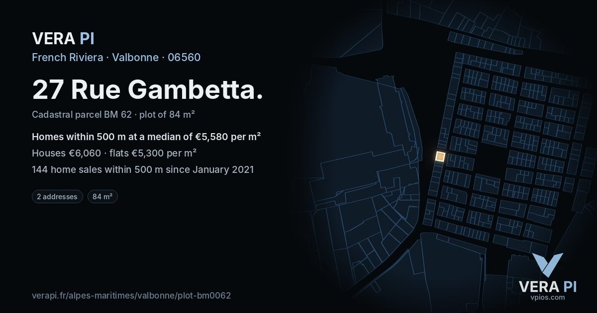27 Rue Gambetta, Valbonne at night – the plot lit, the parcels around coloured by the prices near them