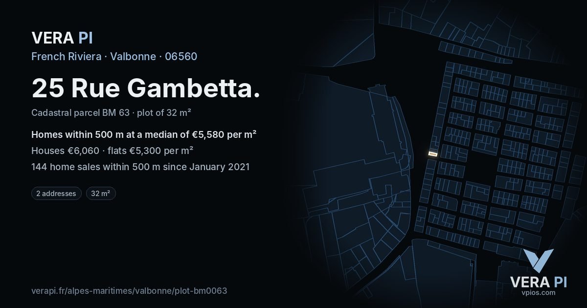 25 Rue Gambetta, Valbonne at night – the plot lit, the parcels around coloured by the prices near them