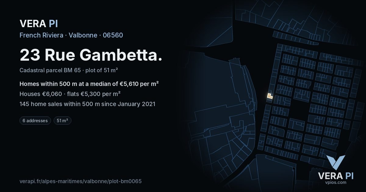 23 Rue Gambetta, Valbonne at night – the plot lit, the parcels around coloured by the prices near them