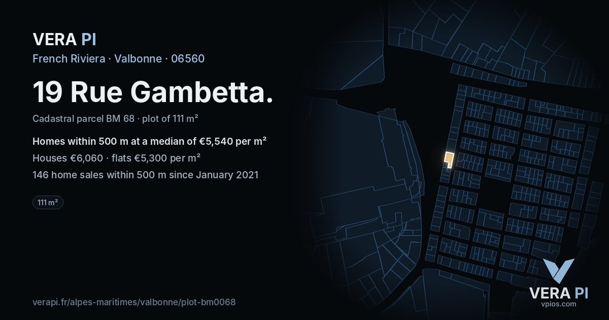 19 Rue Gambetta, Valbonne at night – the plot lit, the parcels around coloured by the prices near them