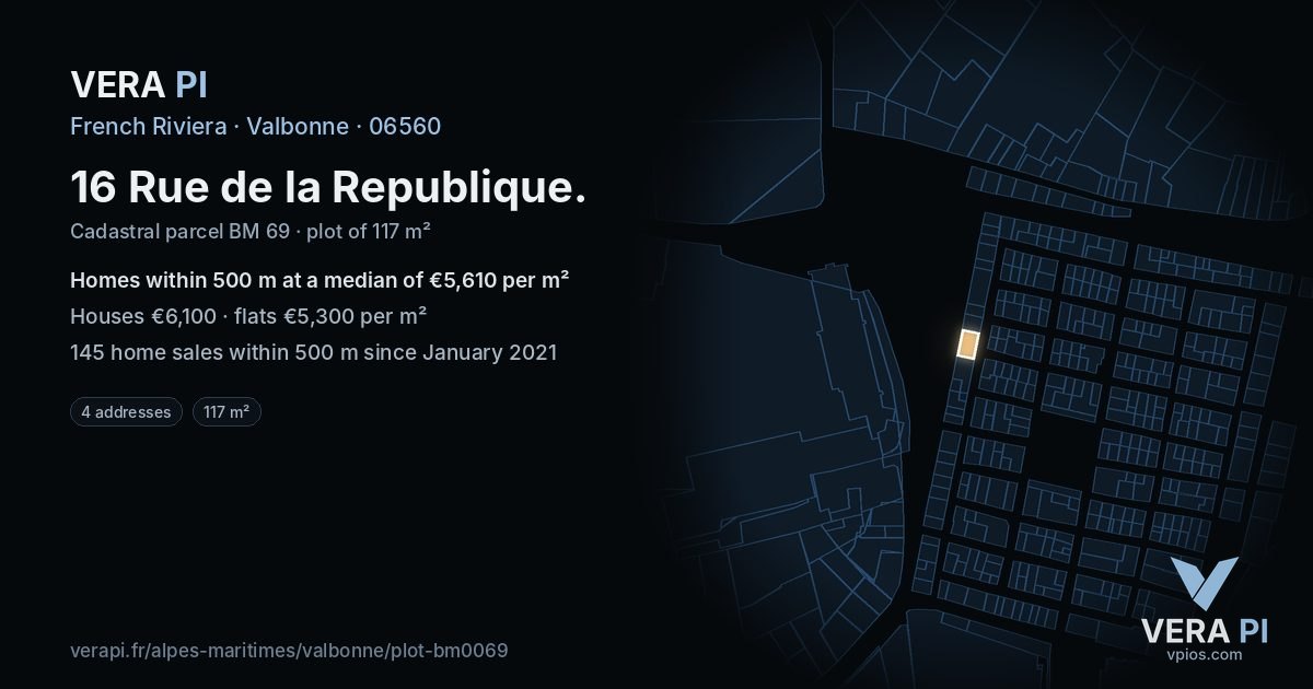 16 Rue de la Republique, Valbonne at night – the plot lit, the parcels around coloured by the prices near them