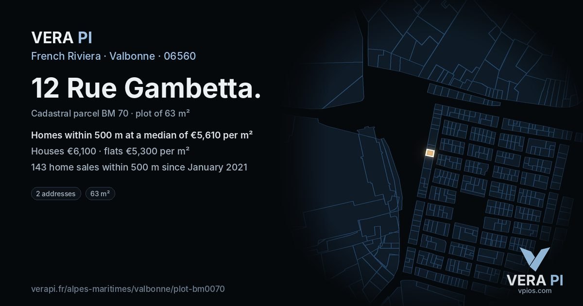 12 Rue Gambetta, Valbonne at night – the plot lit, the parcels around coloured by the prices near them