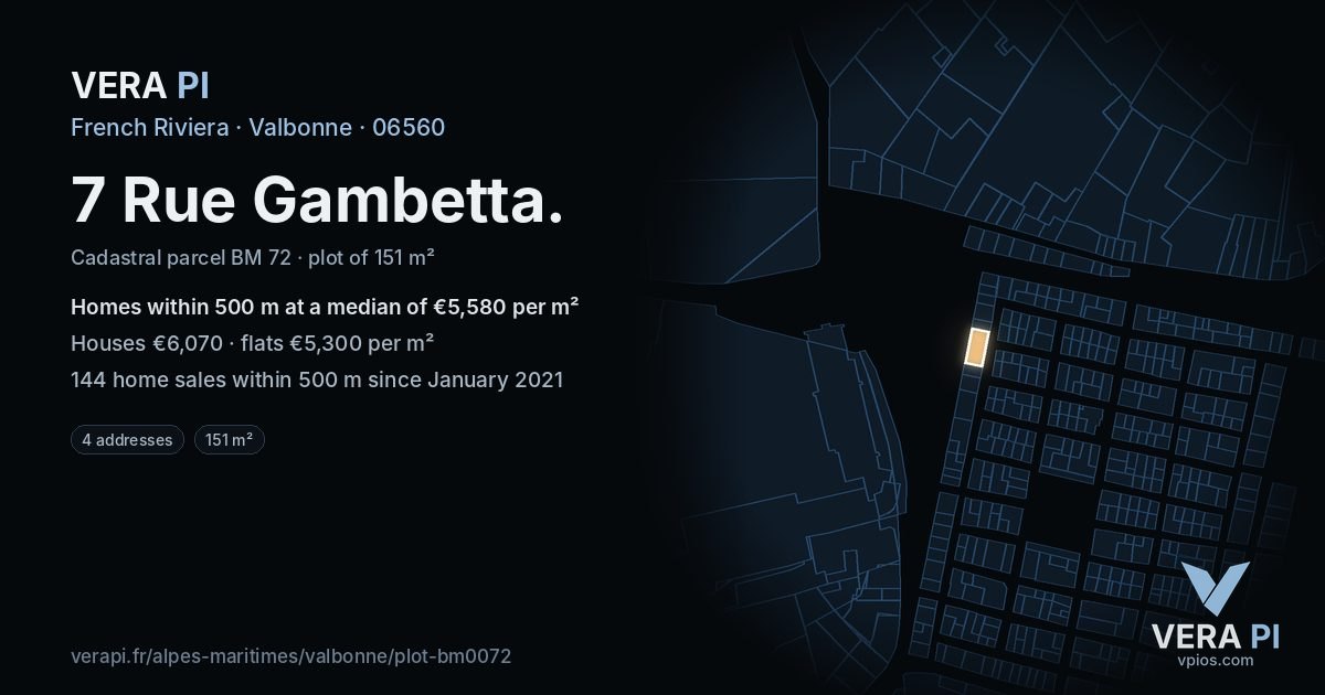 7 Rue Gambetta, Valbonne at night – the plot lit, the parcels around coloured by the prices near them
