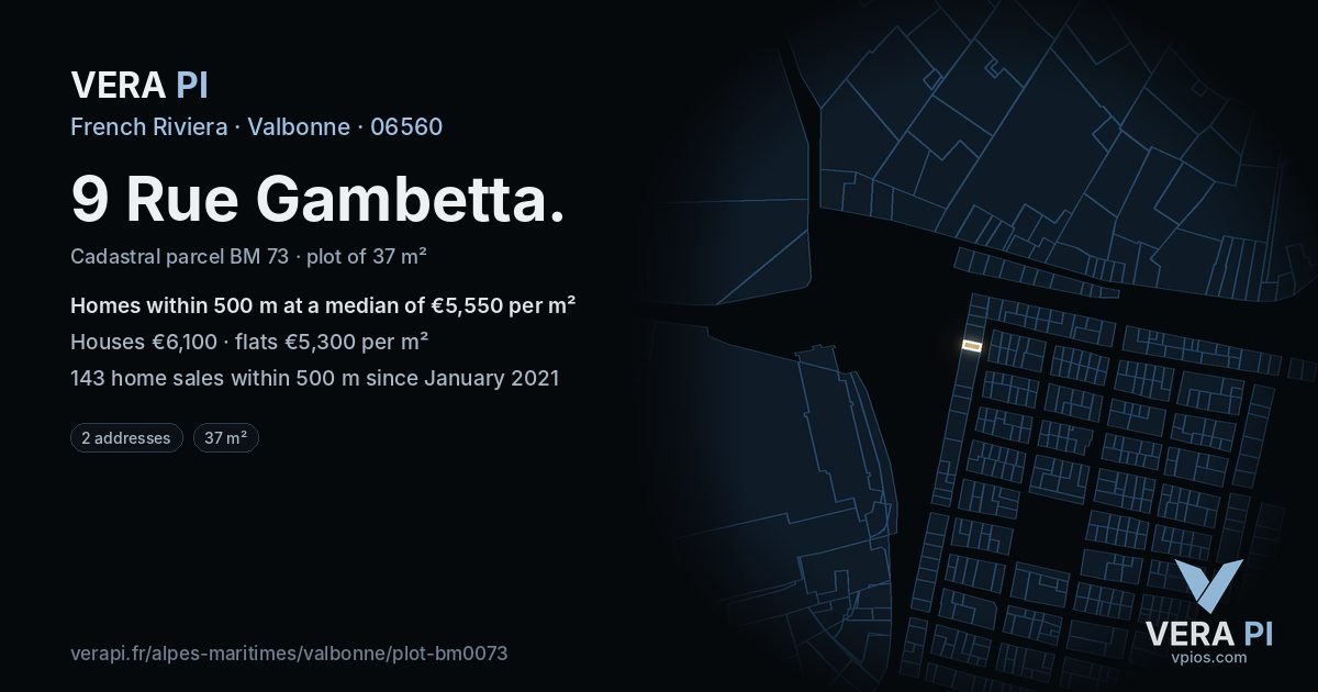 9 Rue Gambetta, Valbonne at night – the plot lit, the parcels around coloured by the prices near them