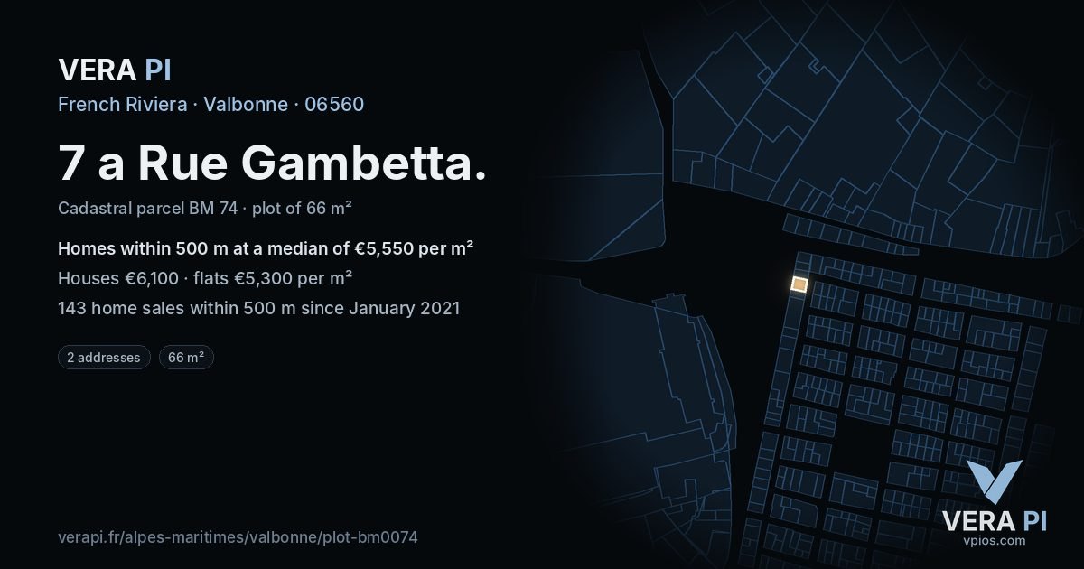 7 a Rue Gambetta, Valbonne at night – the plot lit, the parcels around coloured by the prices near them