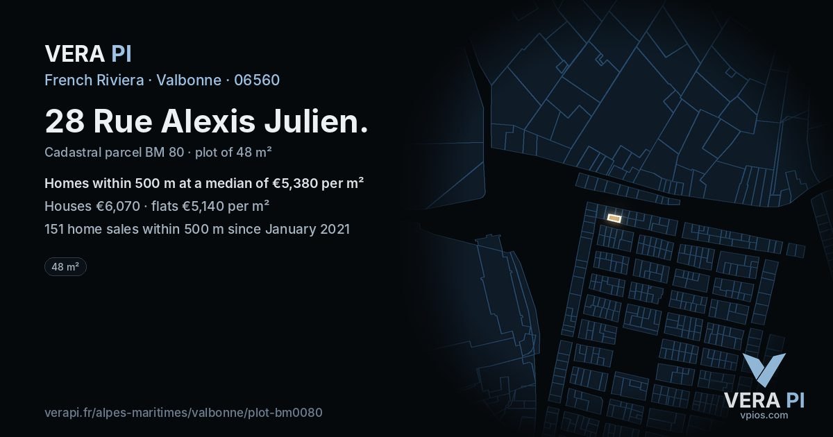 28 Rue Alexis Julien, Valbonne at night – the plot lit, the parcels around coloured by the prices near them