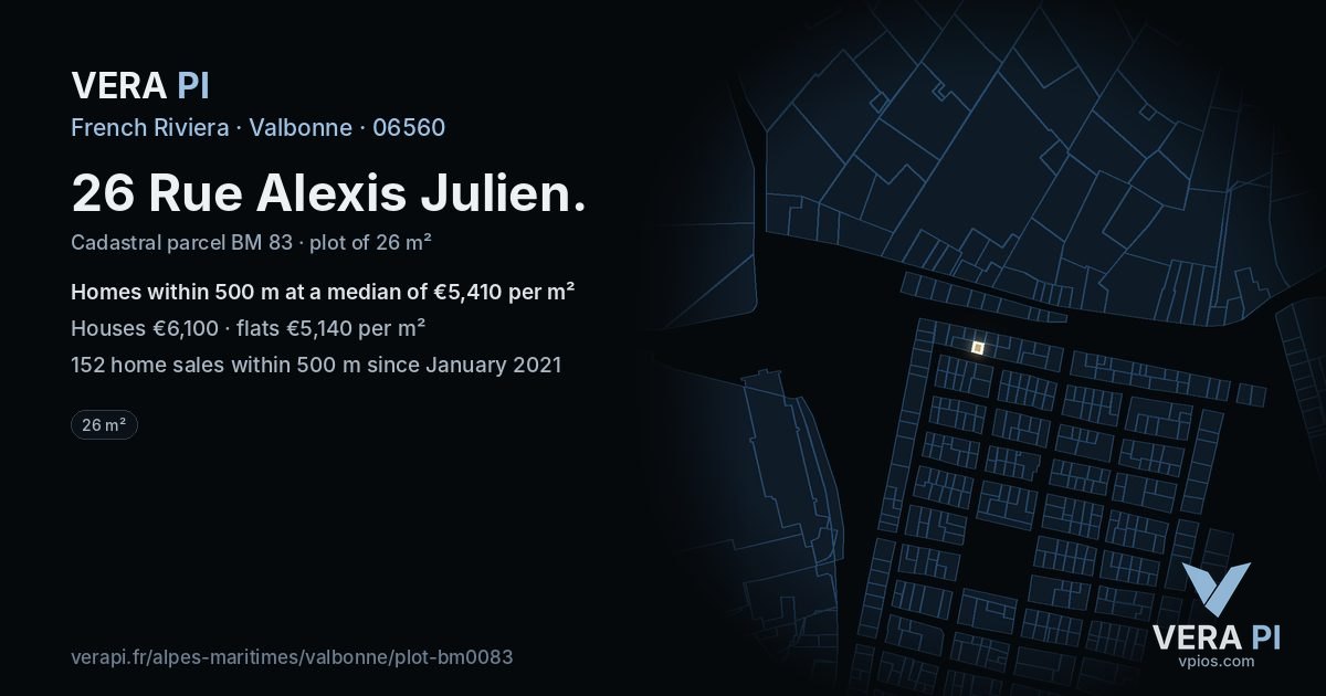 26 Rue Alexis Julien, Valbonne at night – the plot lit, the parcels around coloured by the prices near them