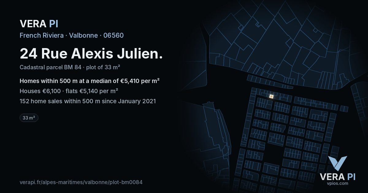 24 Rue Alexis Julien, Valbonne at night – the plot lit, the parcels around coloured by the prices near them