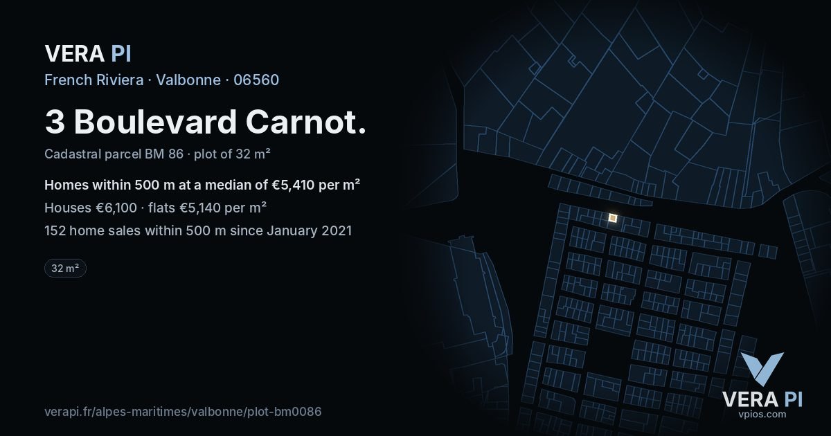 3 Boulevard Carnot, Valbonne at night – the plot lit, the parcels around coloured by the prices near them