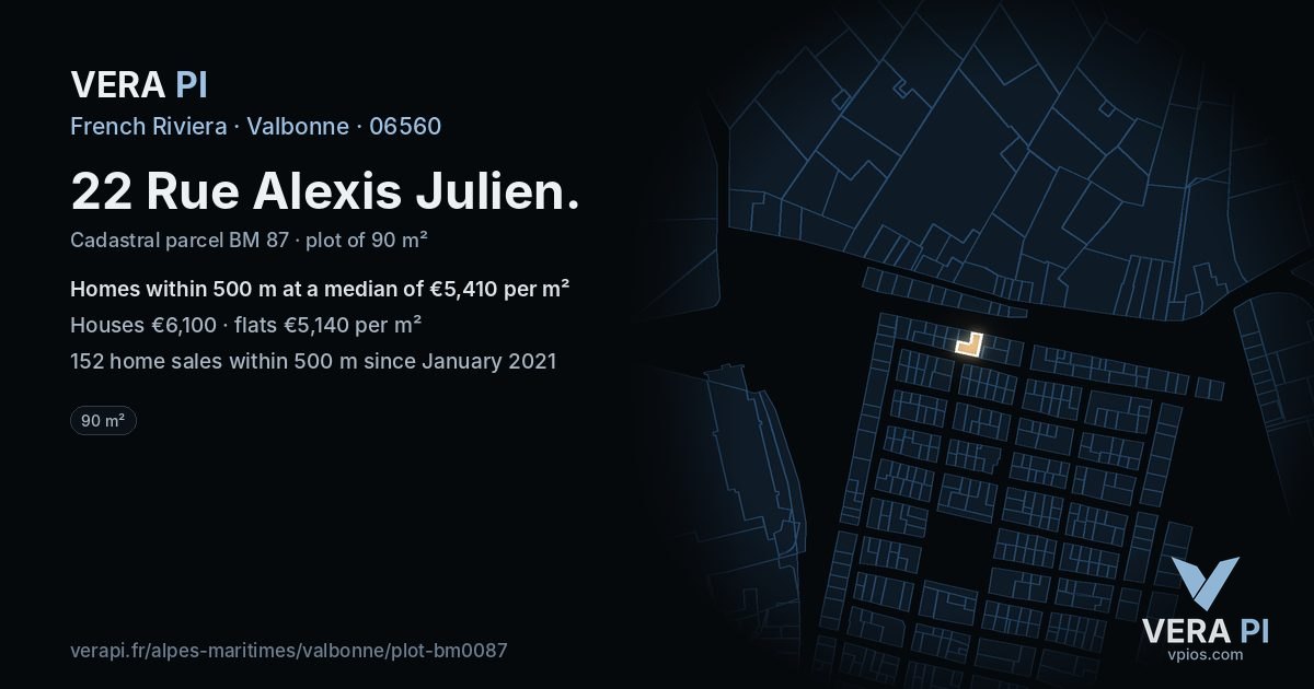 22 Rue Alexis Julien, Valbonne at night – the plot lit, the parcels around coloured by the prices near them