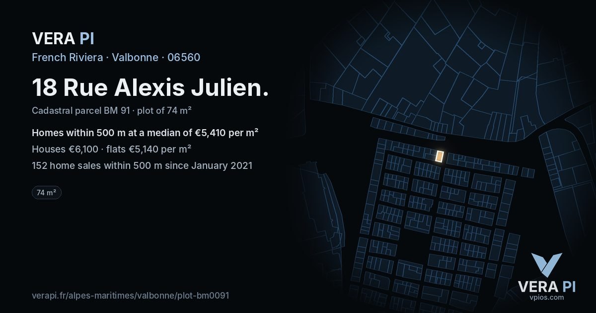 18 Rue Alexis Julien, Valbonne at night – the plot lit, the parcels around coloured by the prices near them
