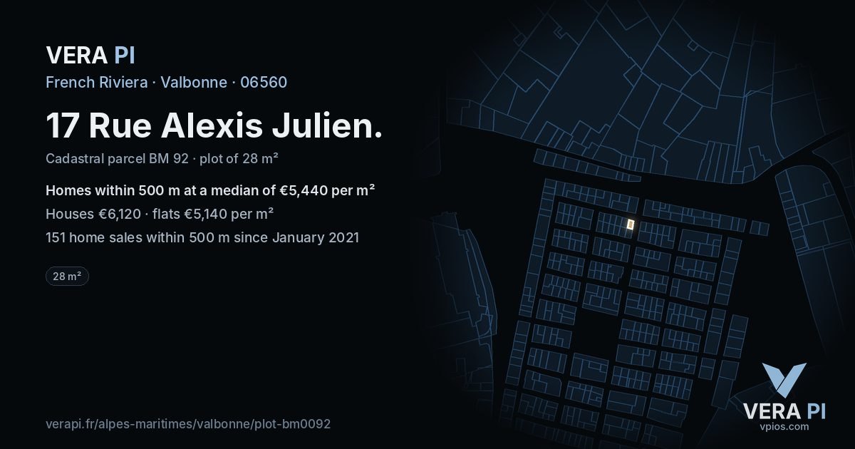 17 Rue Alexis Julien, Valbonne at night – the plot lit, the parcels around coloured by the prices near them