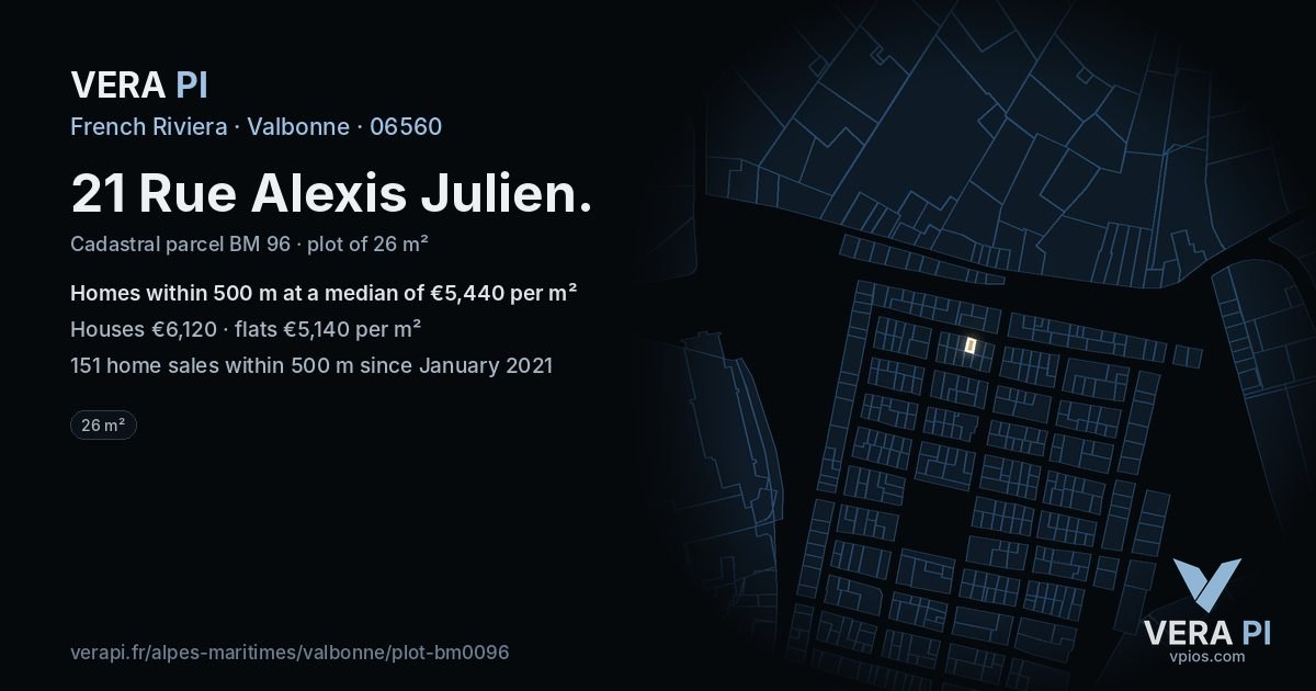 21 Rue Alexis Julien, Valbonne at night – the plot lit, the parcels around coloured by the prices near them
